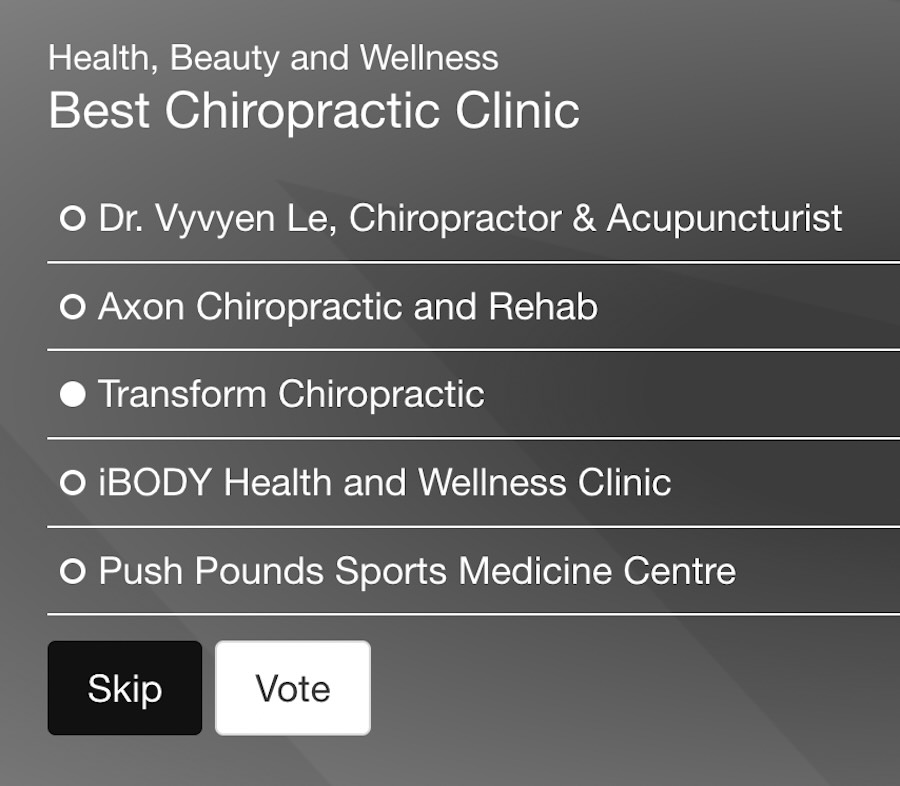 Transform Chiropractic nominated for Toronto Star Readers’ Choice Awards.